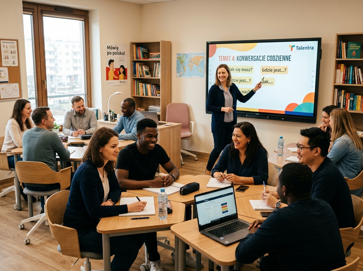 Nowoczesna klasa językowa z uczniami i tablicą interaktywną